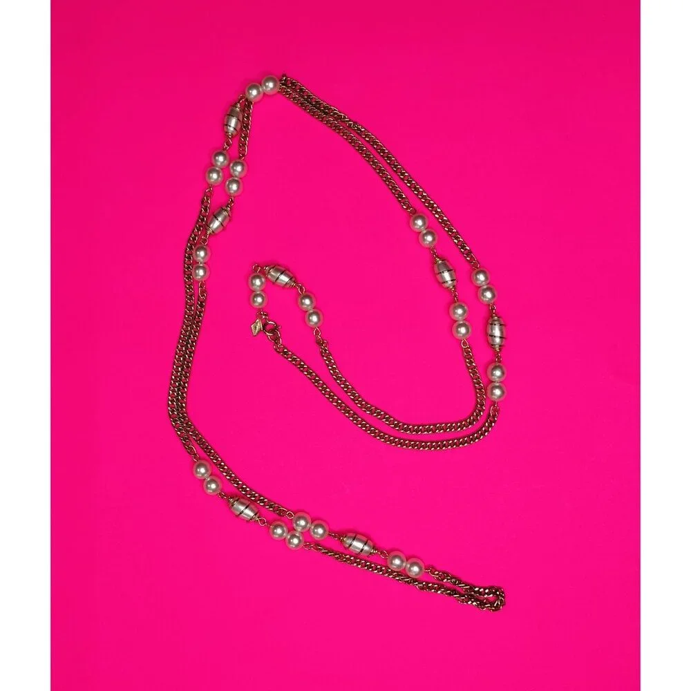 Sarah Coventry Vintage Gold Tone Chain Faux Pearl Pendant Long Necklace Jewelry - Picture 14 of 16